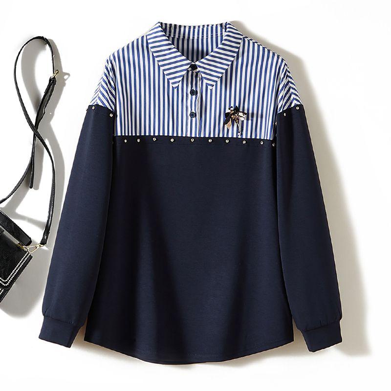 

Wenjing Fresh Women Lapel Pullover Air Cotton Stripe Patchwork Hoodie 2025 Spring, Autumn and Winter Dragonfly Rhinestone Outerwear Dark blue 4XL