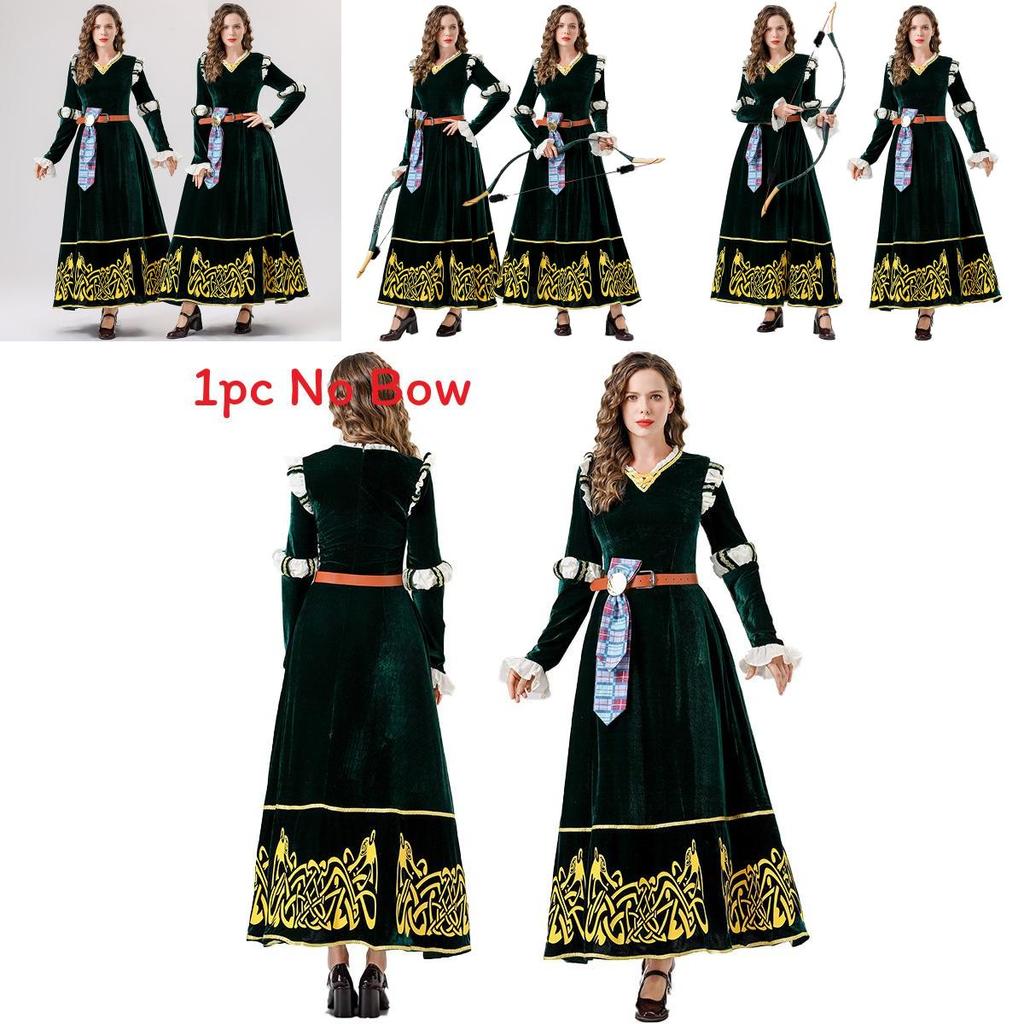 European Medieval Queen Costume With Green Velvet Cotton Fabric For Halloween Cosplay Party