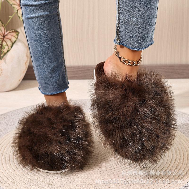 Autumn and winter imitation fox hair leopard print slippers women's warm fluffy plush cotton slippers