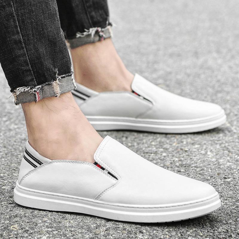Men's Top Layer Cowhide Slip-on Loafers, Soft Sole, Versatile White Casual Shoes