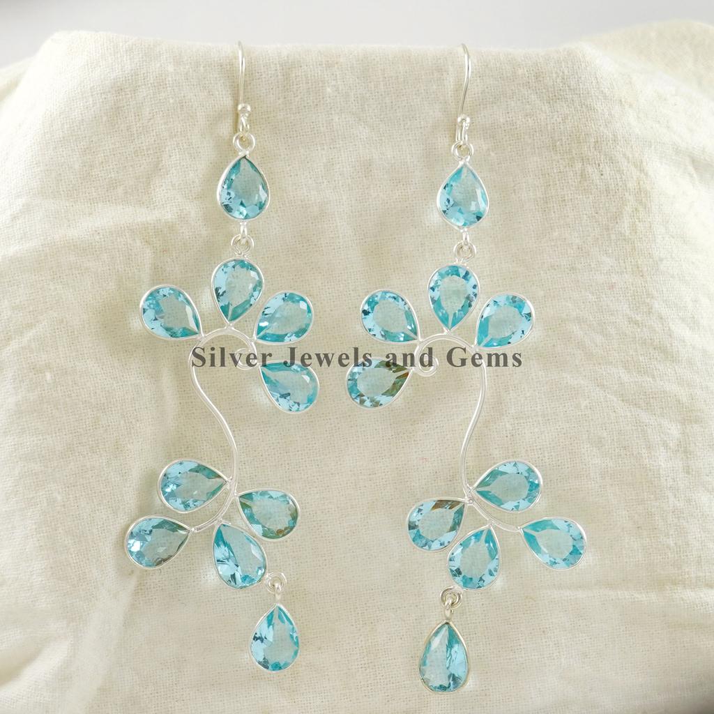 Natural Blue Topaz Earrings-Dangle Handmade Earrings-Teardrop Topaz Earrings-925 Sterling Silver Earrings-Multi Stone Bezel Earrings