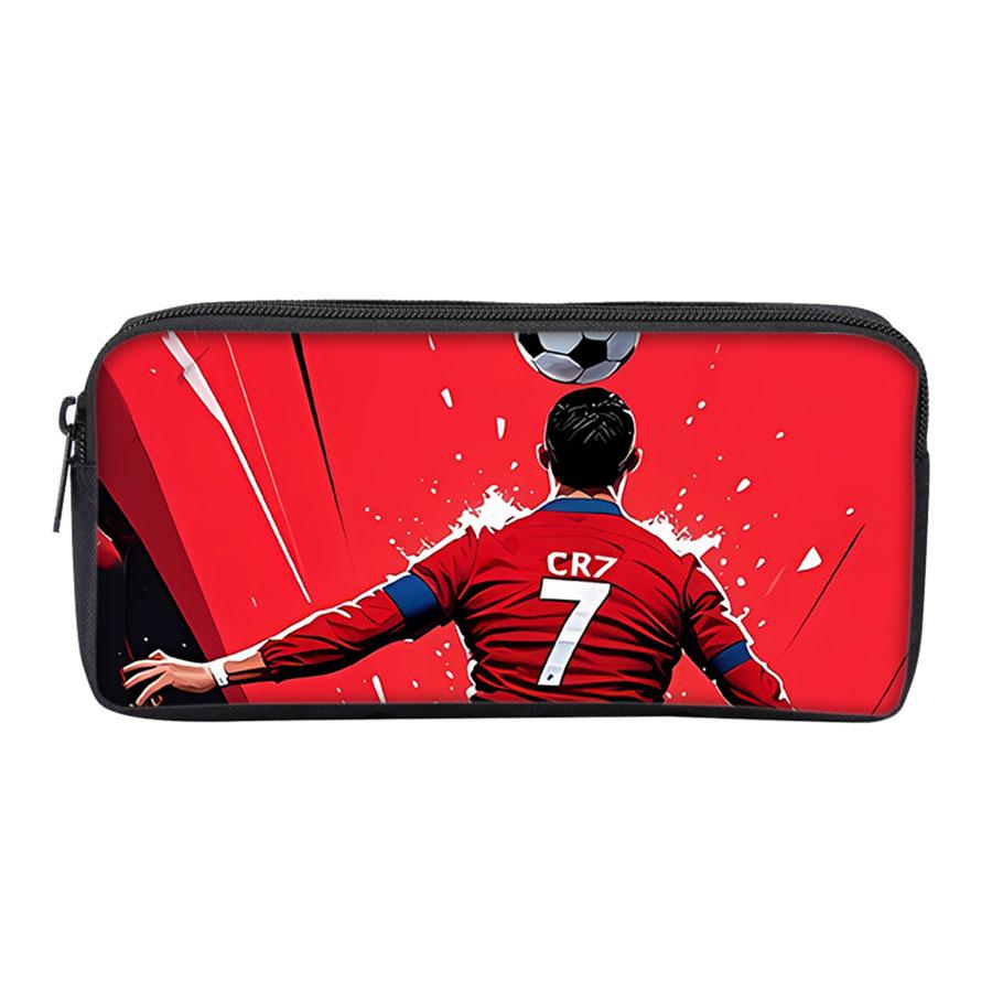 Black Football Star CR7 Pattern Pencil Bag with Zipper Canvas Fabric Stationery Organizer for Schools and Offices