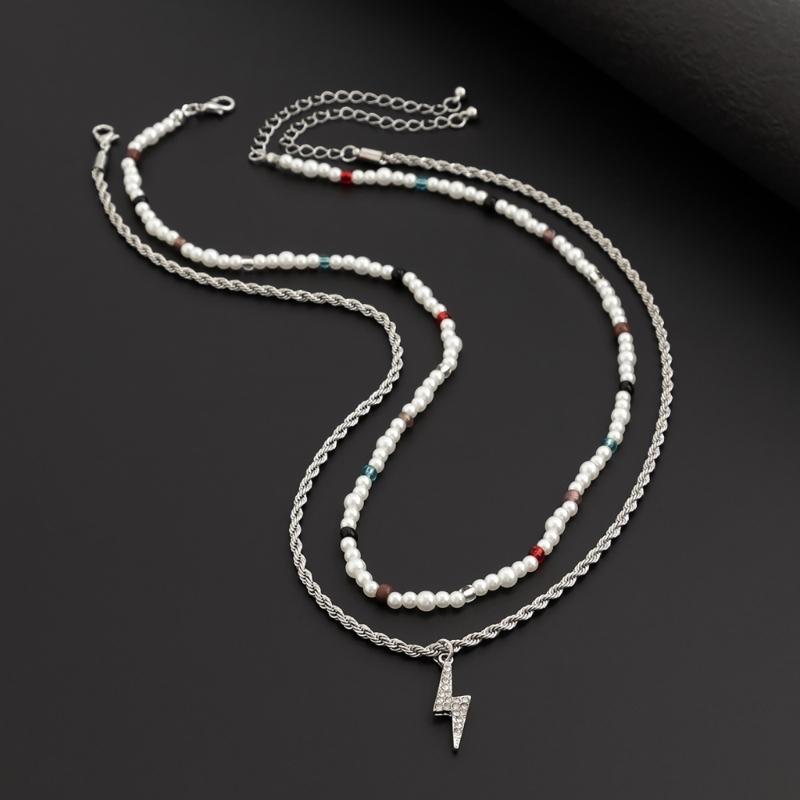 Bolt/Star Pendant Choker Layered Necklace Imitation Pearls Bead Neckchain for Women Girls Fashionable Jewelry Gift
