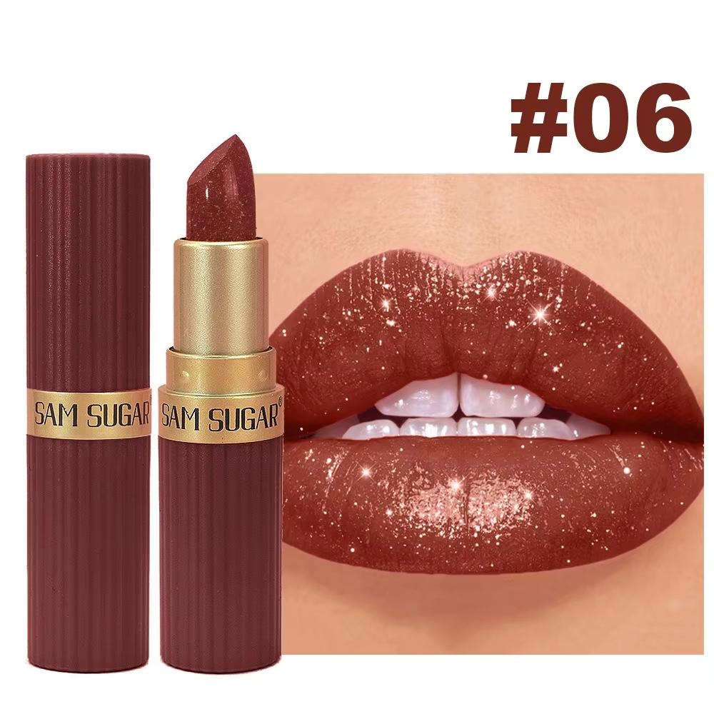 Nude Pink Luxurious Metallic Glitter Lipstick Long-Lasting Waterproof Non-Fade Shimmery Pearl Sparkling Brown Lip Gloss Makeup