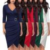 Solid Color Women V Neck 3/4 Sleeve High Waist Belted Irregular Pencil Dress