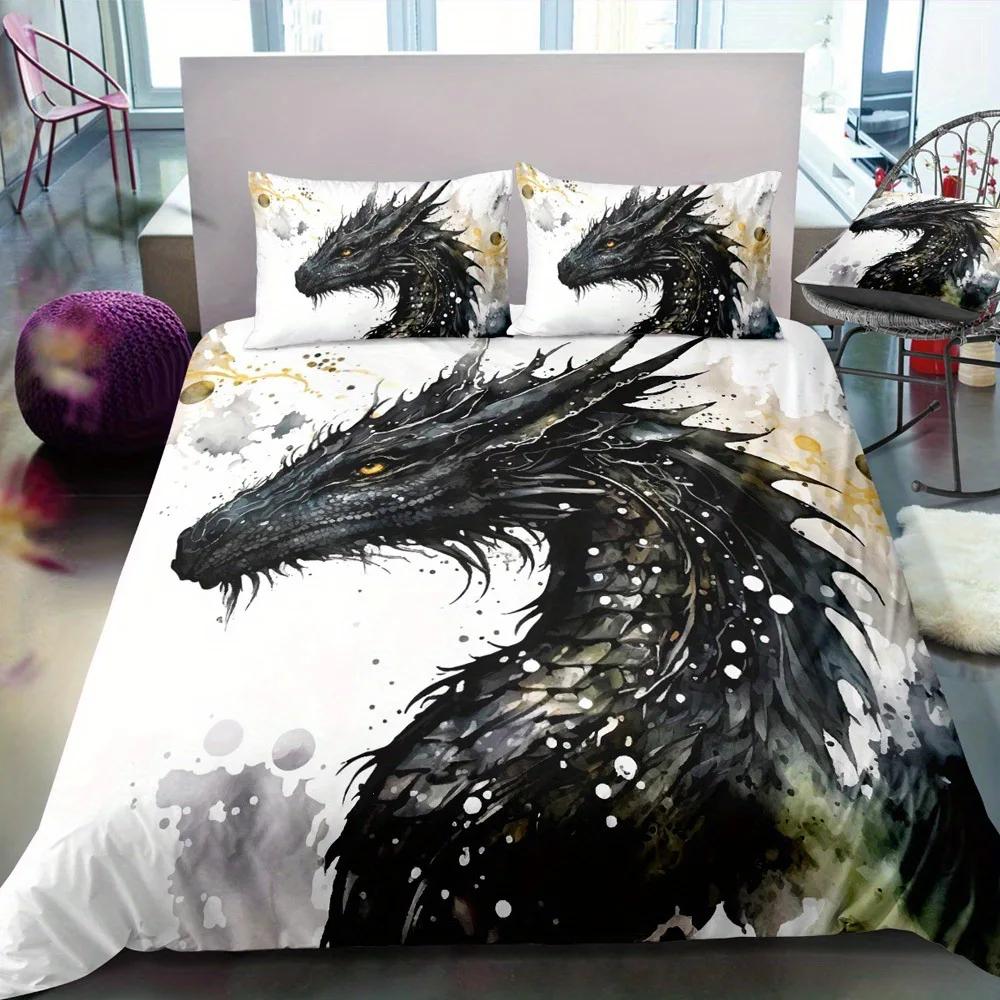 Rot Schwarz Drachendruck Bettbezug Sets Queen Chinesisches Drachenmuster Bettwäsche Set 3 Teile Bettdeckenbezug Sets Schlafzimmerdekor