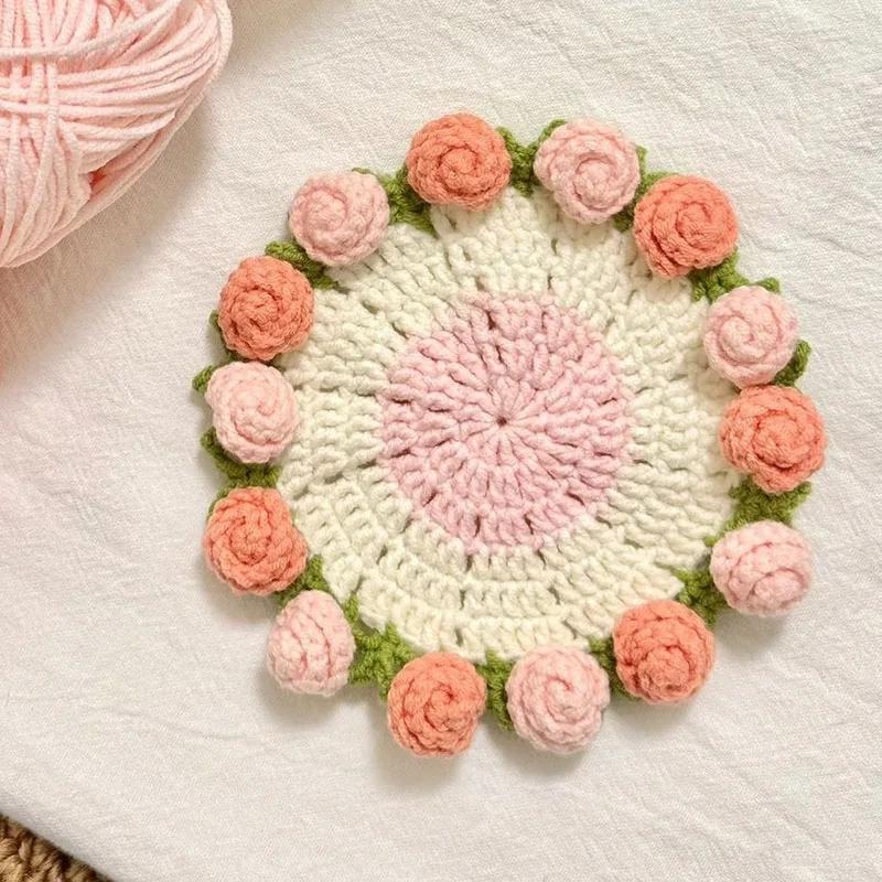 Crochet Coaster Rose Flower Coaster Crochet Flower Placemat Rose Bouquet Cup Pad Coffee Mug Cup Mat Mother's Day Gift