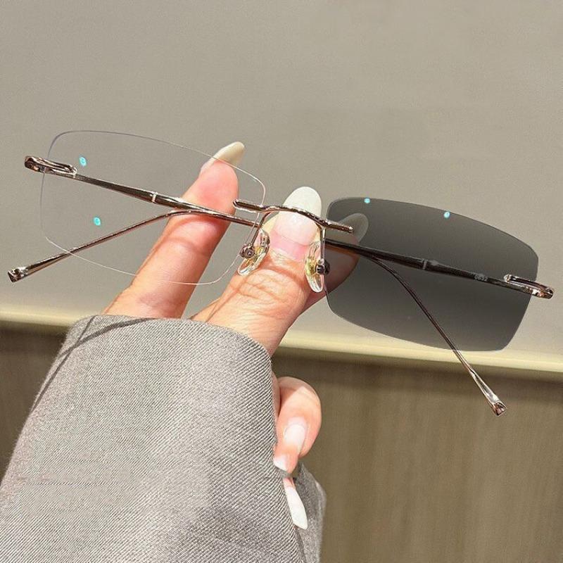 Women Business Style Photochromic Myopia Glasses Unisex Classic Frameless Square Frame Ultralight Anti Blue Light Eyeglasses-4.0