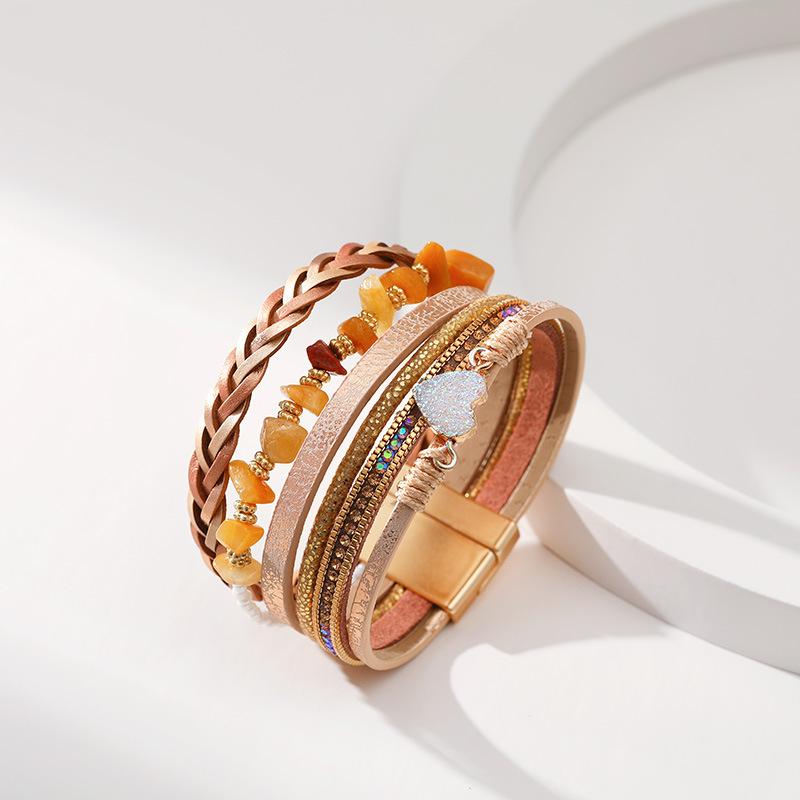 Accessori a Forma di Cuore di Pietra Pelle Intrecciata Multistrato Gioielli da Donna Bracciale Largo Regalo