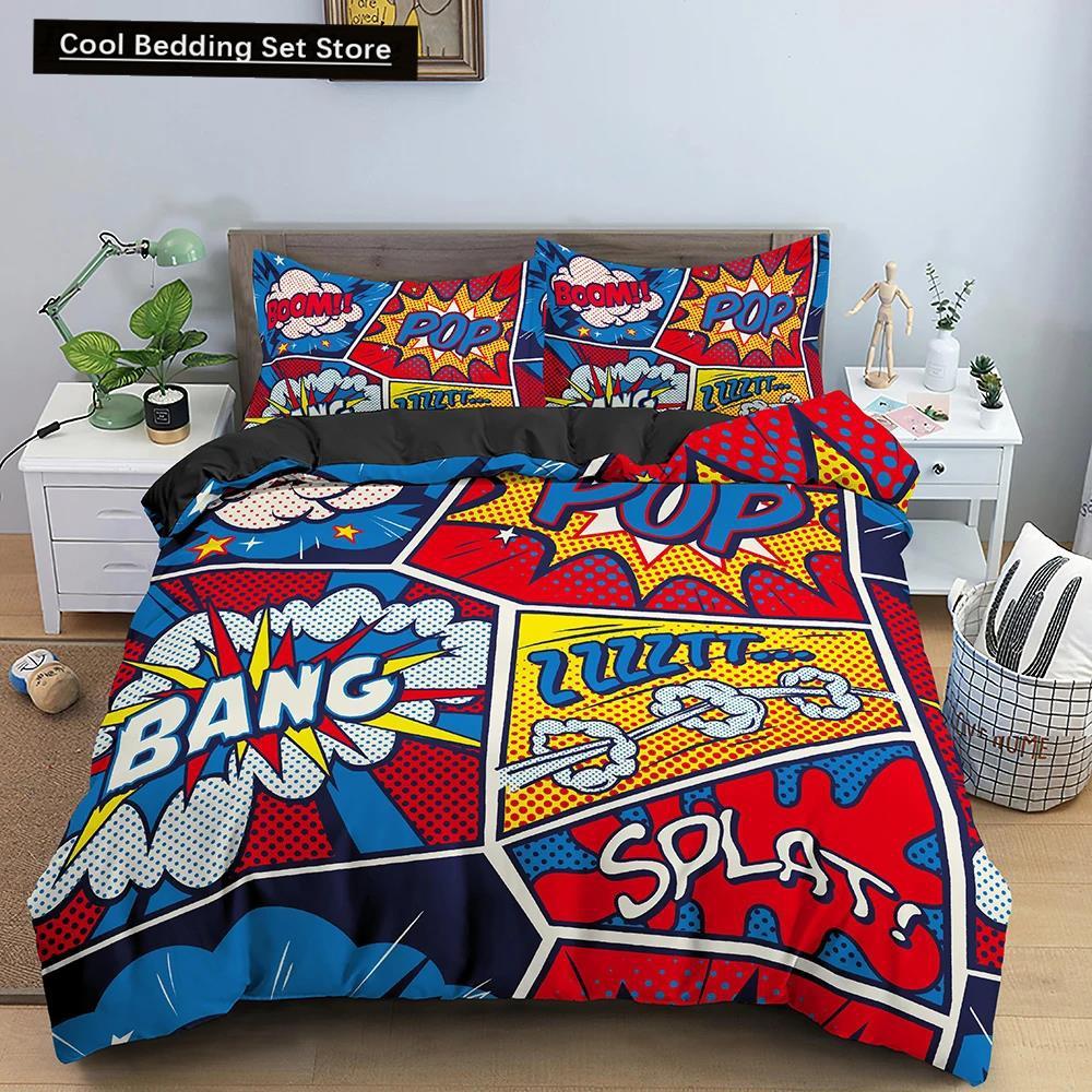 Comic Muster Bettbezug Queen King Cartoon Bettwäsche Set für Kinder Jungen Mädchen Hippie Hip Hop Rock Stil Polyester Bettdeckenbezug