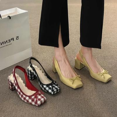 Plaid Square Toe Thick Heel Women Shoes 2024 New Bowknot Casual High Heel Sandals for Women Zapatos De Mujer Sandalias