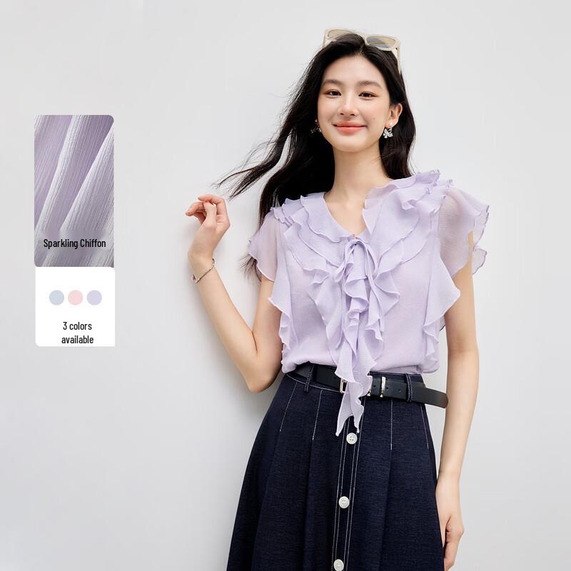 Elegant V-Neck Ruffle Chiffon Blouse with Tie-Detail XL