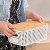 Stackable Storage Basket With Bamboos Lid Ventilated Plastic Handwoven Designs for Home Organization Toy Books