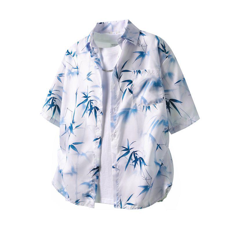 Blue Bamboo Leaf Print Ink Wash Short Sleeve Loose Shirt Medium белый