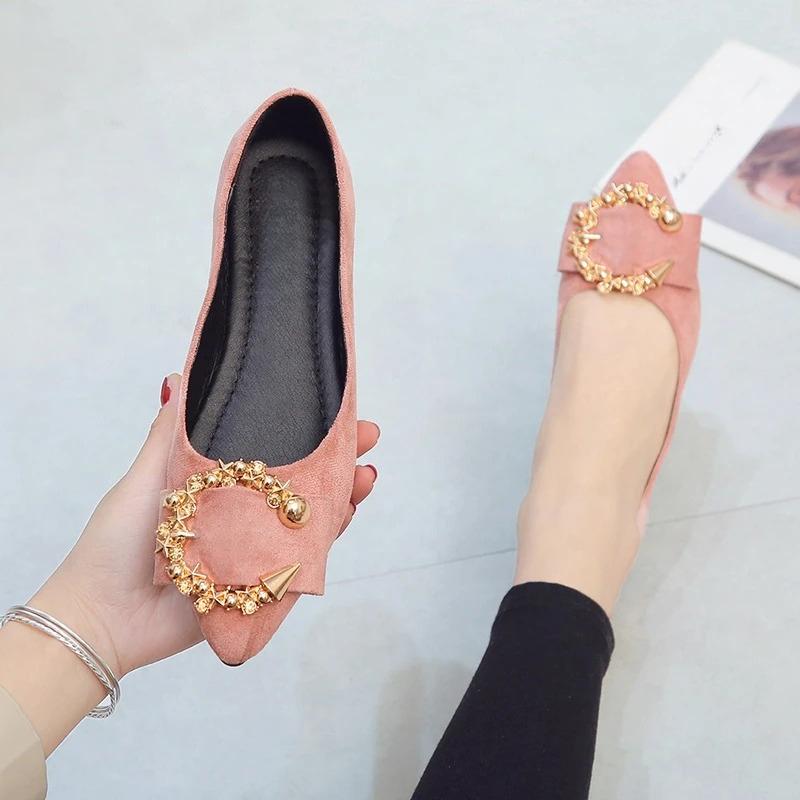 

Casual Fashion Pointed Toe Flats Metal Surface Decor Comfortable Non-slip Wear-resistant Women s Footwears Office dress shoes 35 розовый