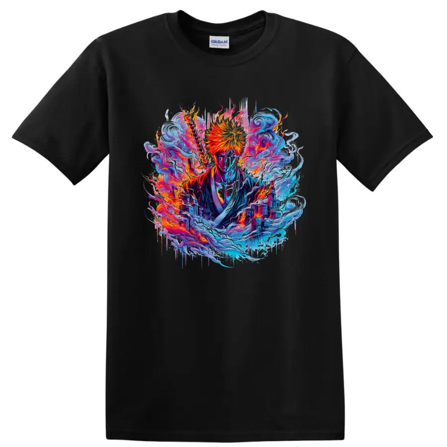 Ichigo Kurosaki Anime T Shirt w/ Fiery Sword Neon Fantasy Art Graphic Tee Style