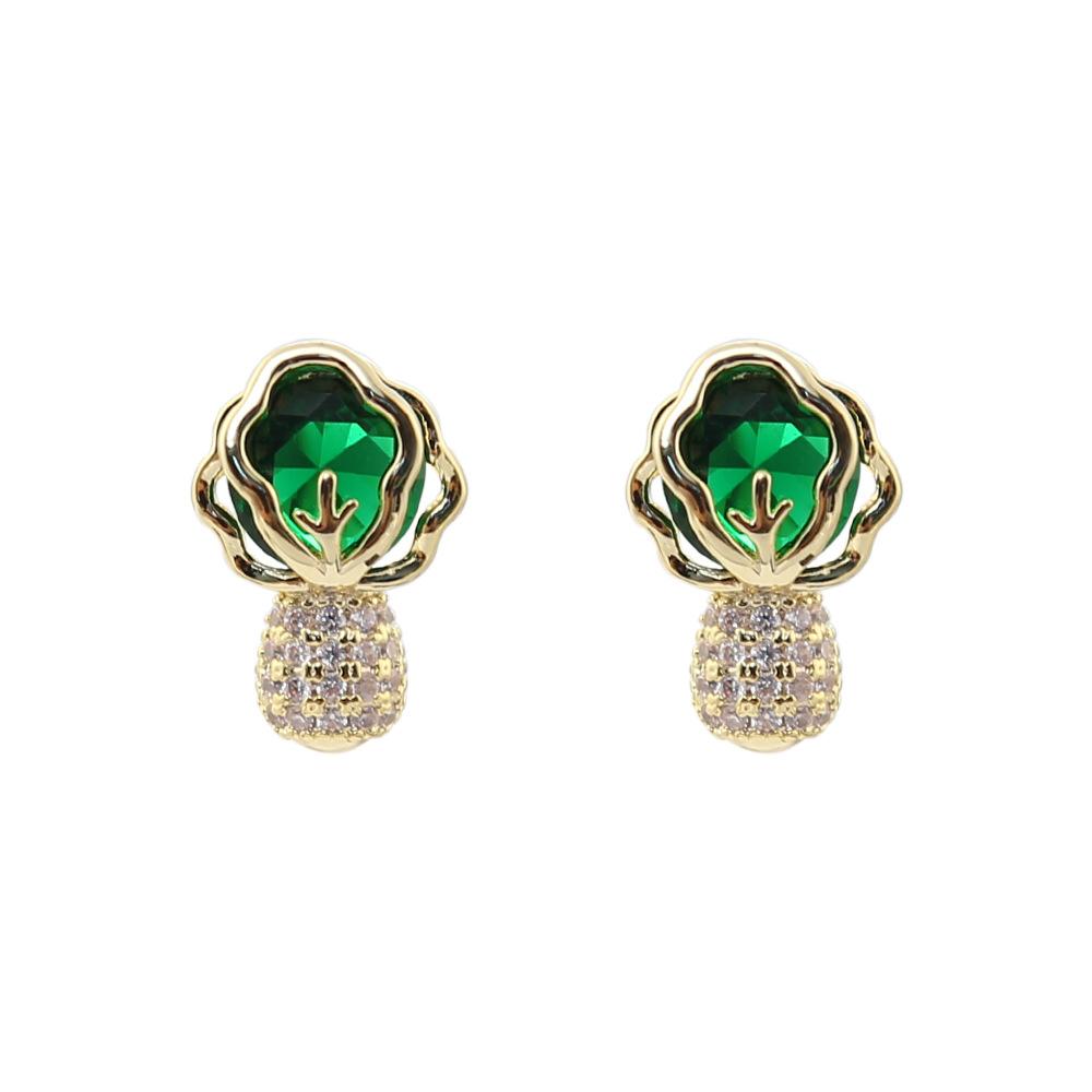 Zircon Cabbage Earrings Women'S Niche Design Sense Personalized Stud Earrings High-Grade Versatile Green Flower Earrings