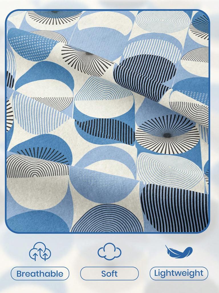 Gradient Blue Fitted Sheet Stylish Circle Plaid Pattern Printed Geometric Style Flat Sheet With 2 Pillowcases Modern Room Decor