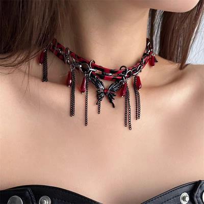 Spicy Girl Style Rose Red Leopard Print Leather Metal Chain Splicing Tassel Butterfly Necklace Female Niche Punk Necklace