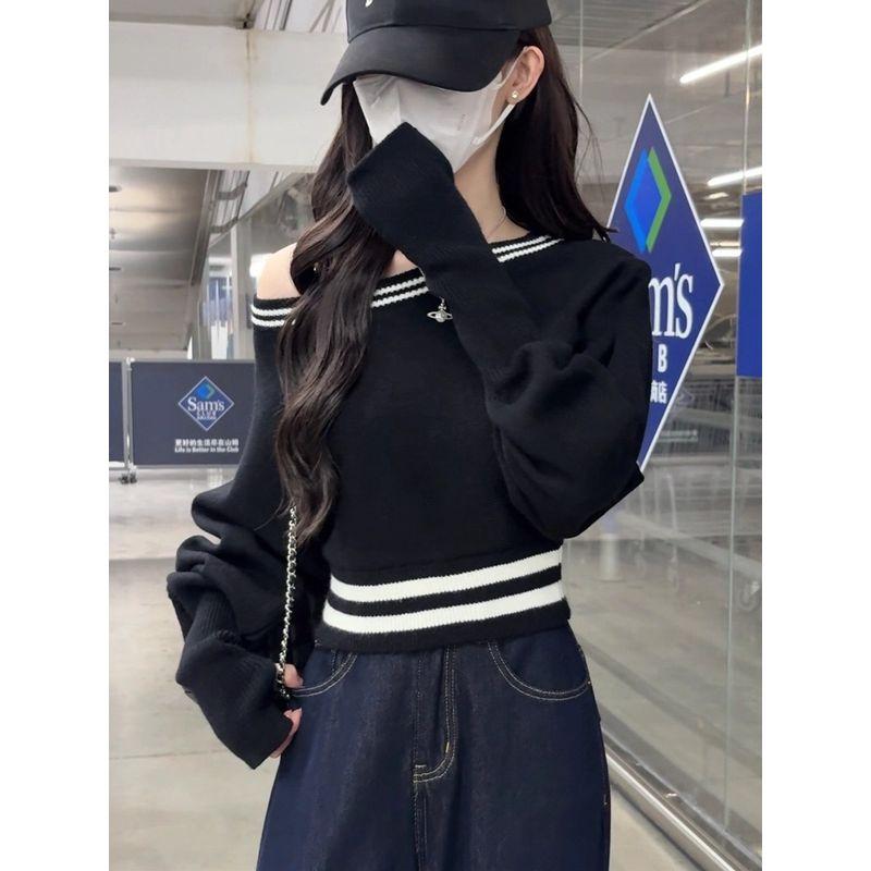 Kumikumi Pure Desire Wind Oblique Shoulder Loose Temperament Easiest for Match Long Sleeves Sweater Female Autumn Slimming Chic Anti-Aging Top