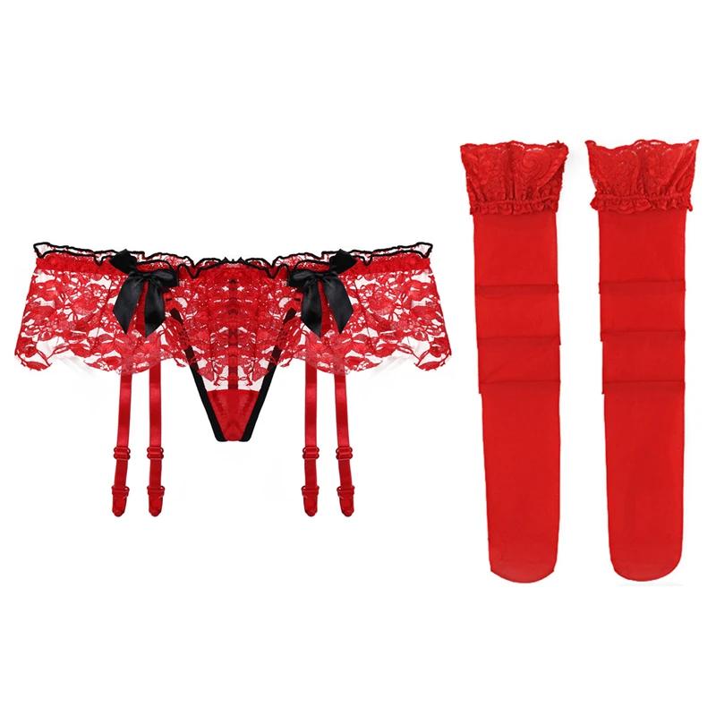 Black Pink Red White Lace Bow Garter Panties And Stockings Set Women Sexy Thin Transparent Wedding Garters Suspender Belt