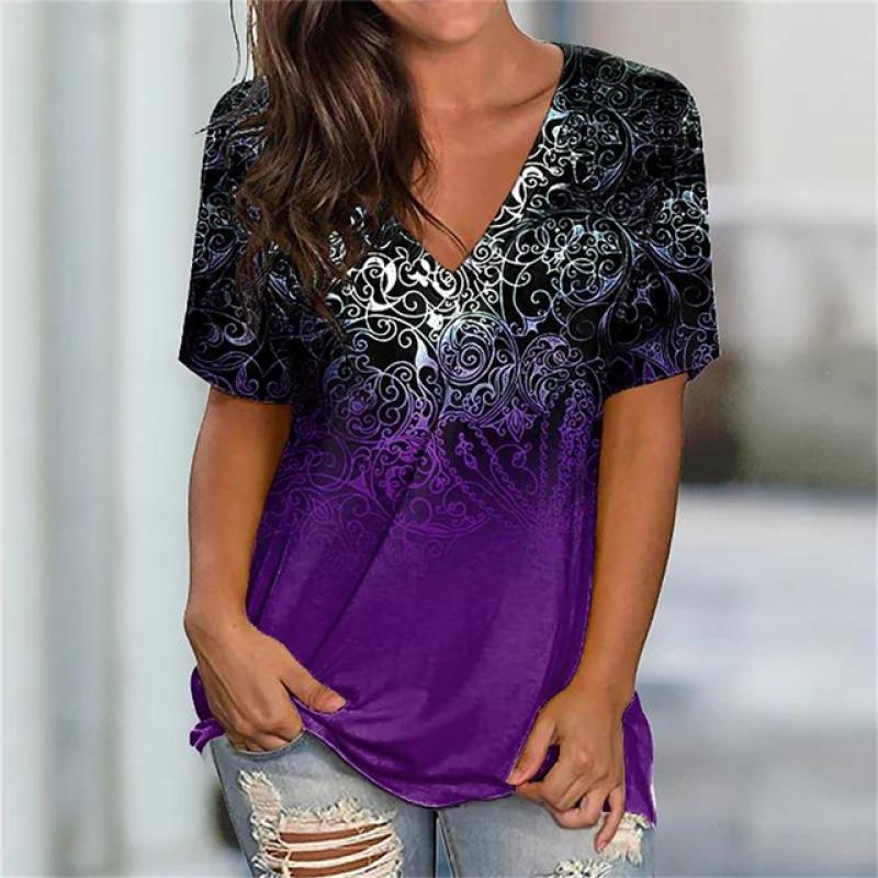 Fashion T-shirt Women's 3d Printing V-neck Short-sleeve Tops Tees Summer Y2k Clothes 2023 New Femaleswear Large Size T Shirt