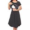 Sommer-Stillkleid für Mütter, vorne zu öffnen, gestreift, runder Halsausschnitt, unregelmäßiger Saum, kurze Ärmel, Nachthemd für Schwangere, Midikleid