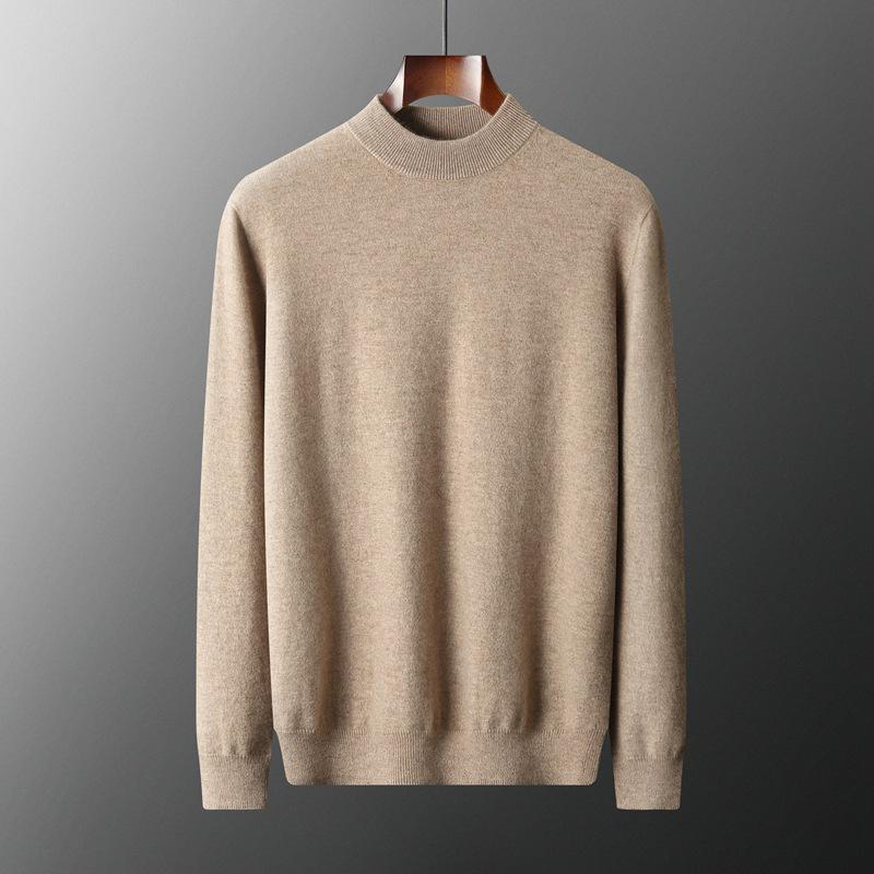 Men's Seamless Cashmere Sweater, Half-High Collar, Solid Color, Loose Fit, Plus Size, Ideal for Middle-Aged, Autumn/Winter Base Layer.