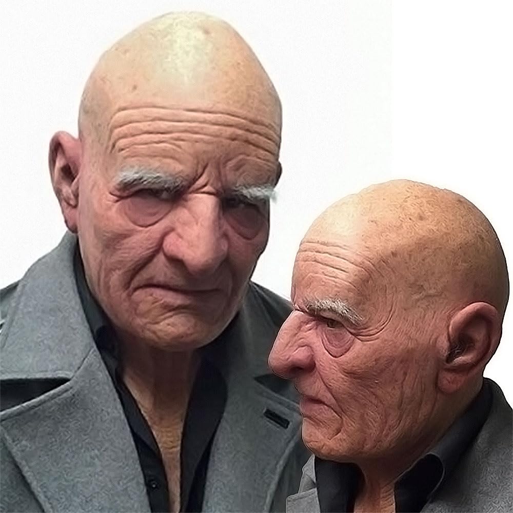 Halloween Scary Bald Old Man Simulated Grandpa Latex Funny Masquerade Props Old Man with White [neckgeart] Mask, Headgear, (Bald Eyebrows)