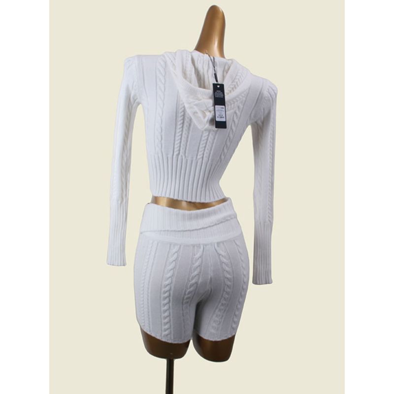 American Sexy Front Zipper Slim Fit Hooded Knitwear Export Cable Stitch Twisted String Hip Shorts Two-piece Set Pack