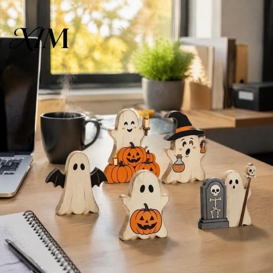 Compact Festive Room Decorations Halloween Cute Ghost Sign, Pumpkin Tombstone Wooden Plaque Decorative Figurines for Fireplaces Tiered Tray