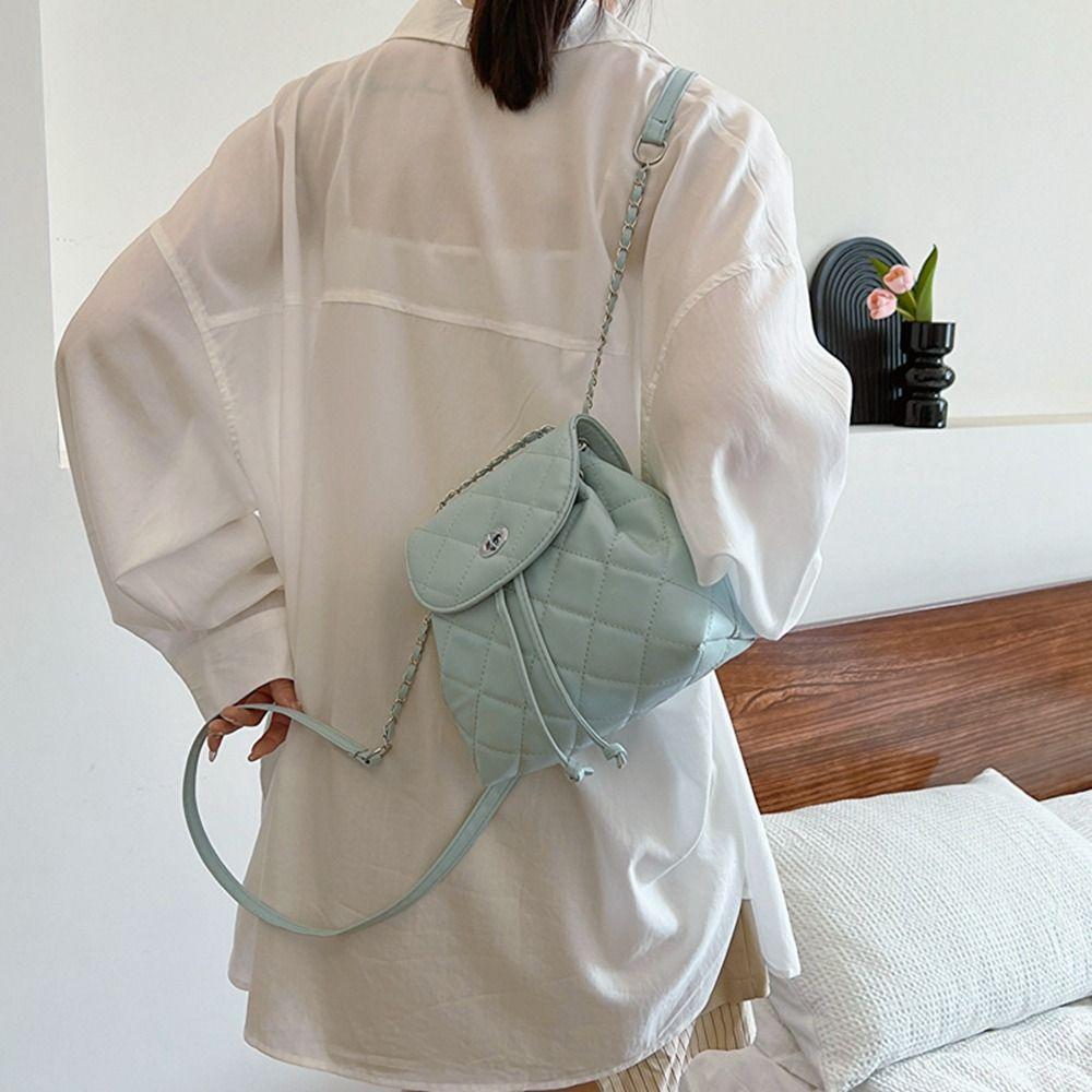 Cute Small Backpack Pu Leather Pu Bucket Bag Sweet Rhombic Lattice Chain Shoulder Bag Girl