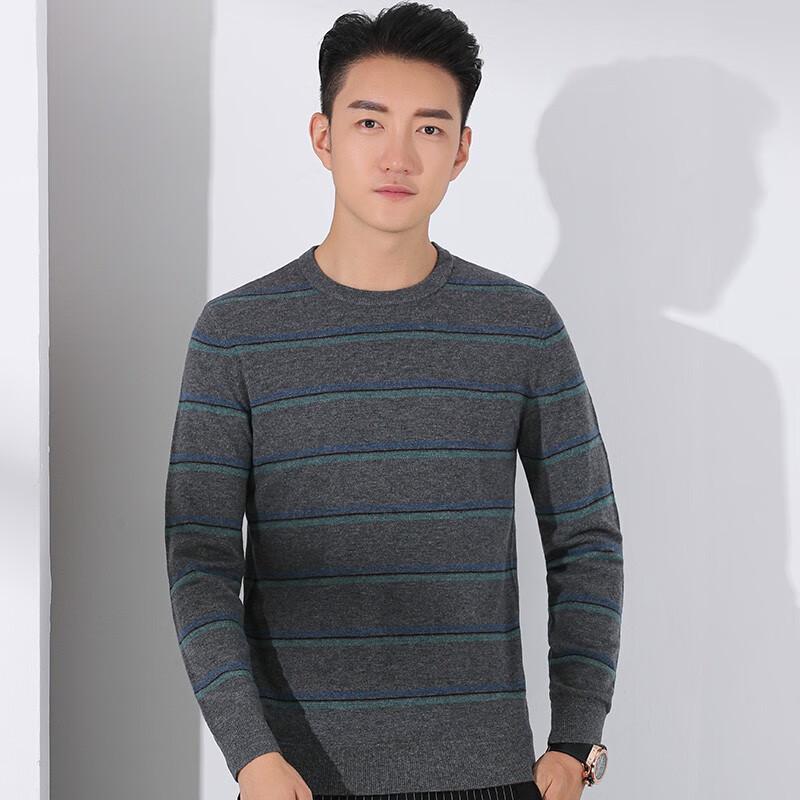 Yiliteng Men's Striped Pure Wool Round Neck Sweater