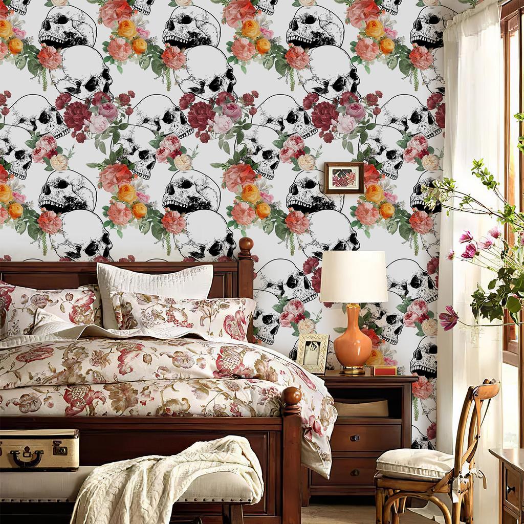 White Skull Rose Vinyl Wallpaper Chic Halloween Peel And Stick Flower Wall Decor Festival Self Adhesive Cabinet Sticker