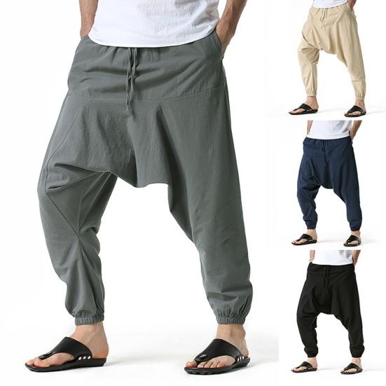Drop Slacks Deep Crotch Mid-Rise Drawstring Elastic Waistband with Large Capacity Pockets Loose