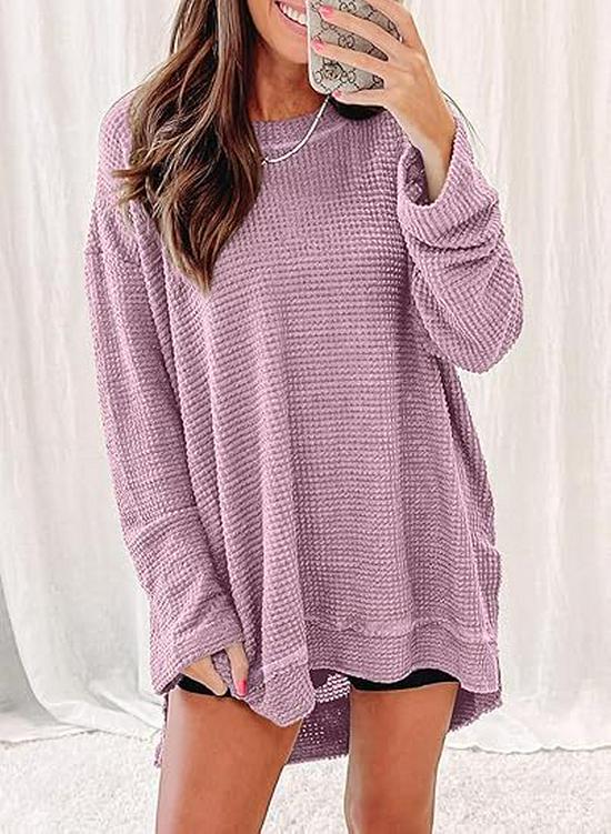2025 European & American Waffle Knit Round Neck Long Sleeve Slit Solid Color Top for Women