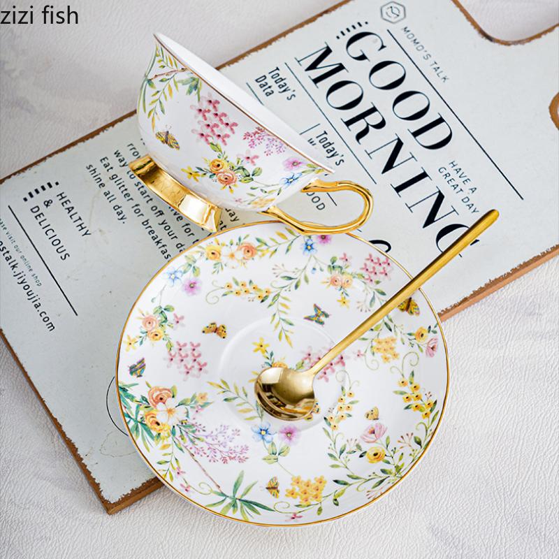 Rural Style Coffee Cup and Dish Set Afternoon Tea Water Cup Flower Tea Cups Milk Mug Breakfast Cups Dim Sum Dish Milk Tea Mug