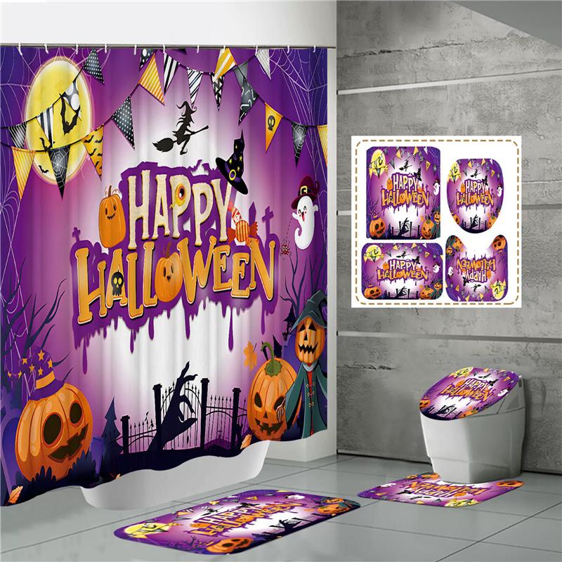 HOT Halloween Ghost Pumpkin Skull Shower Curtain Set with Non-Slip Rugs Toilet Lid Cover and Bath Mat Washable Trick or Treat