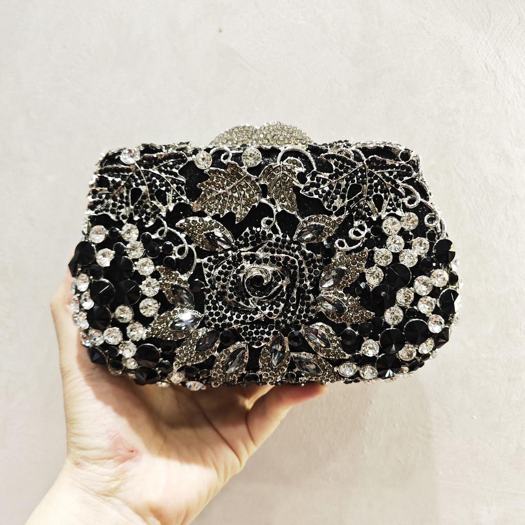 Borsa da Sera Fiore di Champagne Diamante Metallo Duro Donna Cristallo Matrimonio Prom Pochette Strass Sposa Cena Borsette Borse da Donna