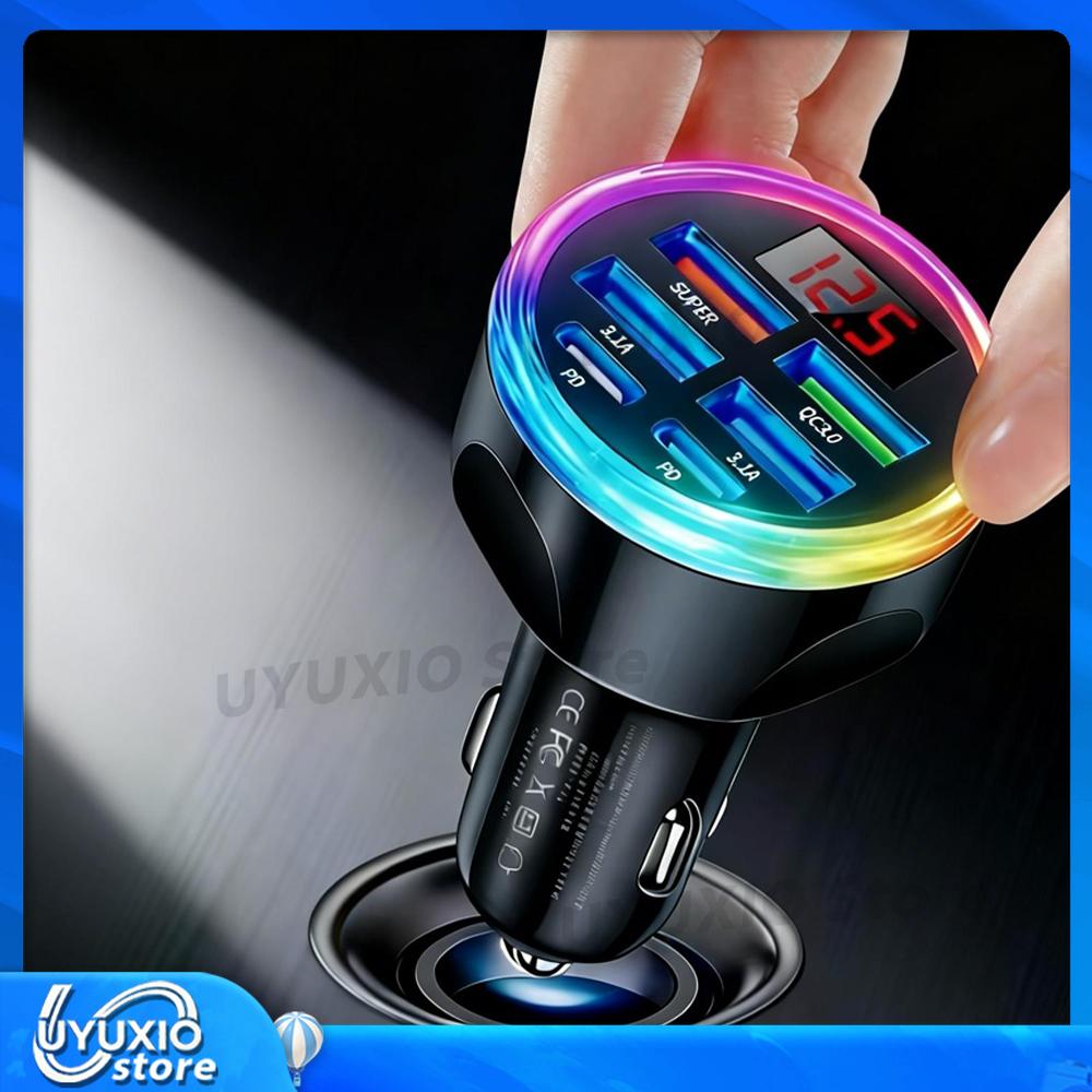 6 in 1 USB Car Charger Adapter with LED Voltage Display Super Fast Charge for iPhone Samsung iPad Huawei Oneplus OPPO VIVO