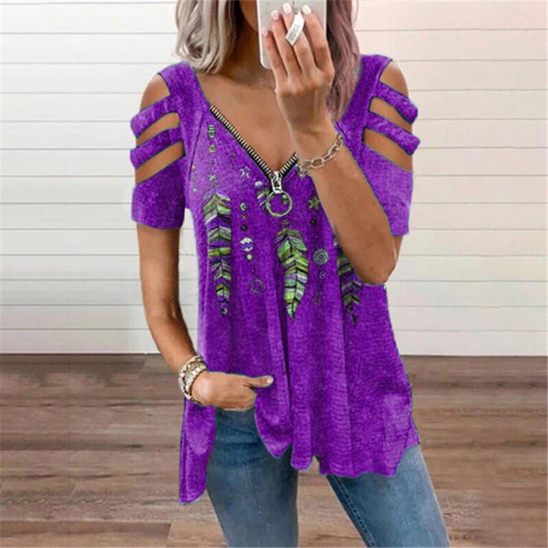 2023 European & American Women's V-Neck Zipper Floral Short-Sleeve Loose T-Shirt