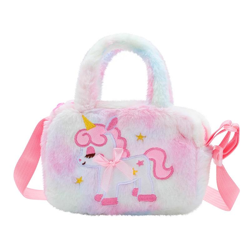 Cute Plush Unicorn Shoulder Bag For Kids Cartoon Design Soft And Fluffy Perfect For Kindergarten And Daily Use Purple