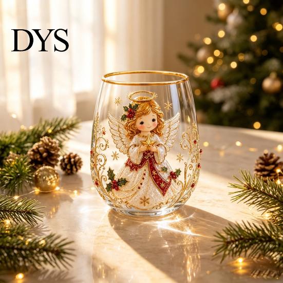 Christmas Themed Water Mug 330ML Glass Cup, Wreath/Santa Claus/Elk/Stockings/Snowman Pattern Holiday Glassware Compact for Breakfast Wine, Coffee,
