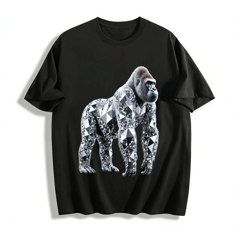 Diamond Patchwork Gorilla Print Trendy Loose Casual Top Pure cotton T-shirt XXS