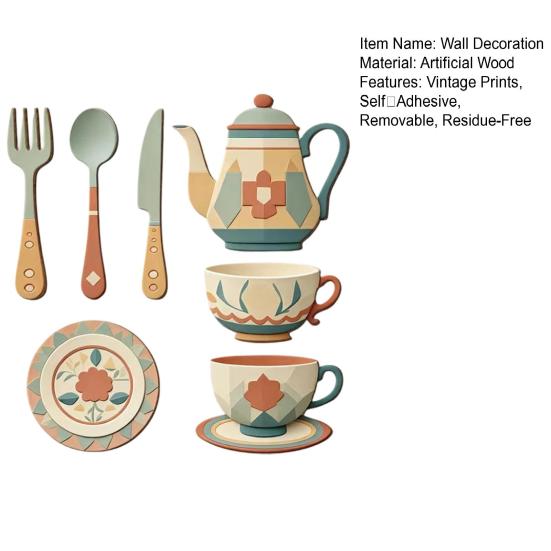 Vintage Tableware Pattern Stickers 7Pcs 2D Flat Kitchen Wooden Wall Decor, Retro Teapot Themed Peel Stick Dining Room Decor Art, Self?Adhesive