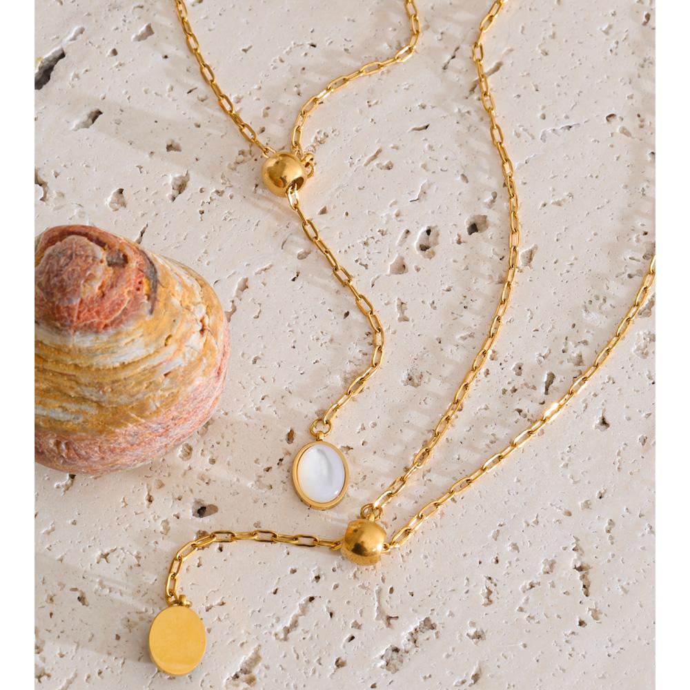 Yhpup 58cm Stainless Steel Natural Tiger Stone Shell Drop Adjustable Chain Necklace Gold Color Charm Arrivals Jewelry