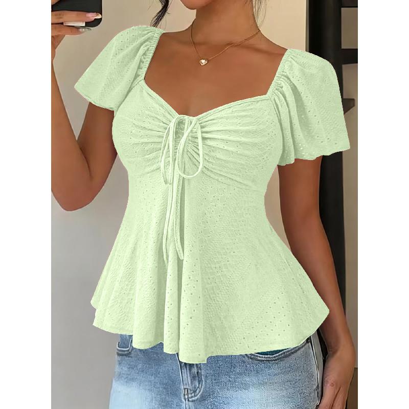 2026 Summer New V-neck Drawstring Tie Sexy Short Sleeve Solid Color Women's T-shirt