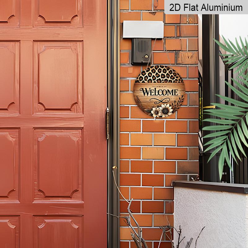 2D Flat Aluminum 7.87 Inch X 7.87 Inch Leopard Print and Floral Pattern Welcome Sign Wall Decoration, Vintage Style. Suitable for Cafes, Living