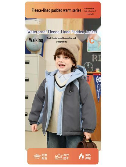 2025 New Boys' Color Block Waterproof Hooded Cotton Jacket with Fleece