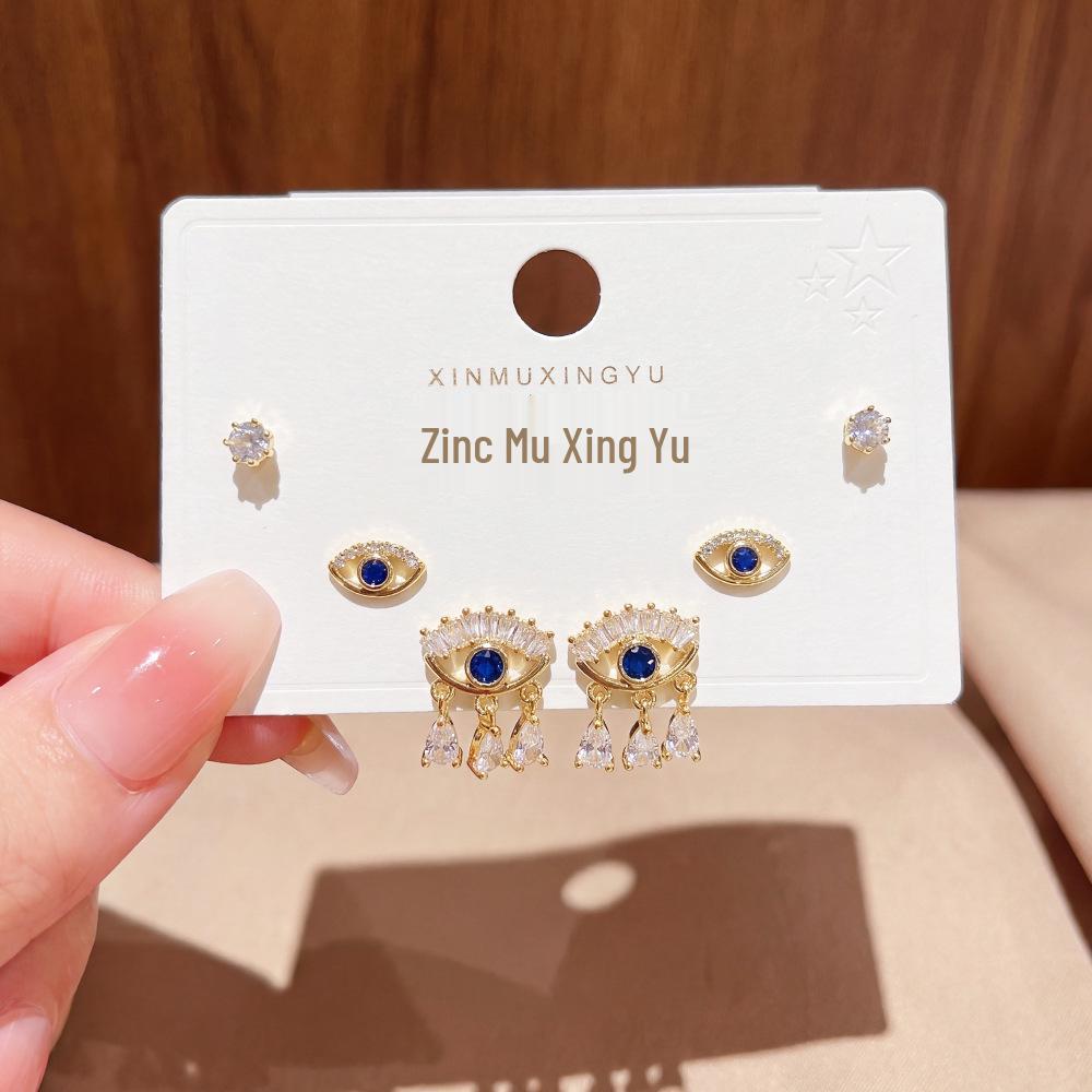 Fashionable Evil Eye Stud Earrings: 925 Silver, High-End Luxury, Three Pairs per Card.